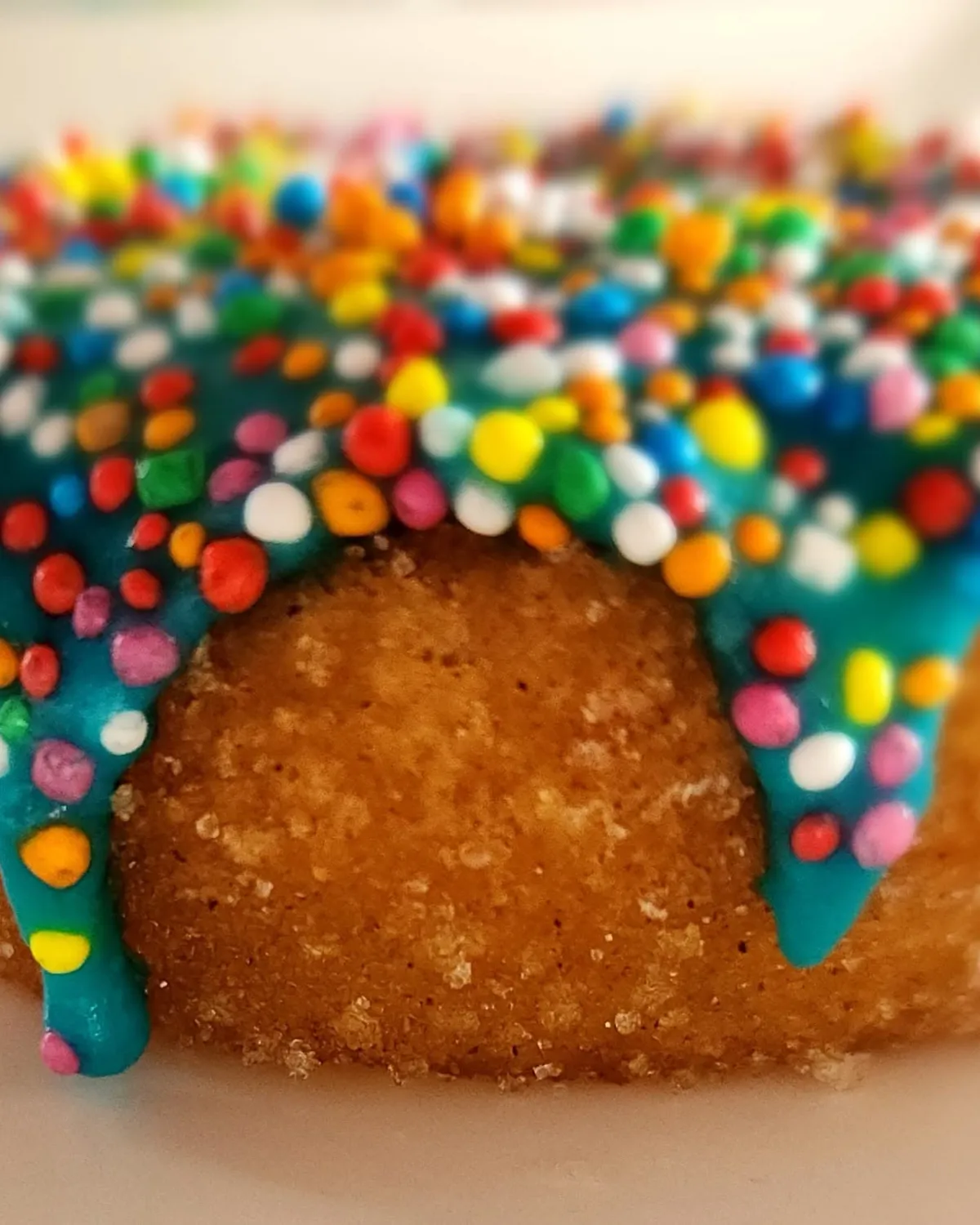 Doughnut with blue icing drip and rainbow sprinkles, close up