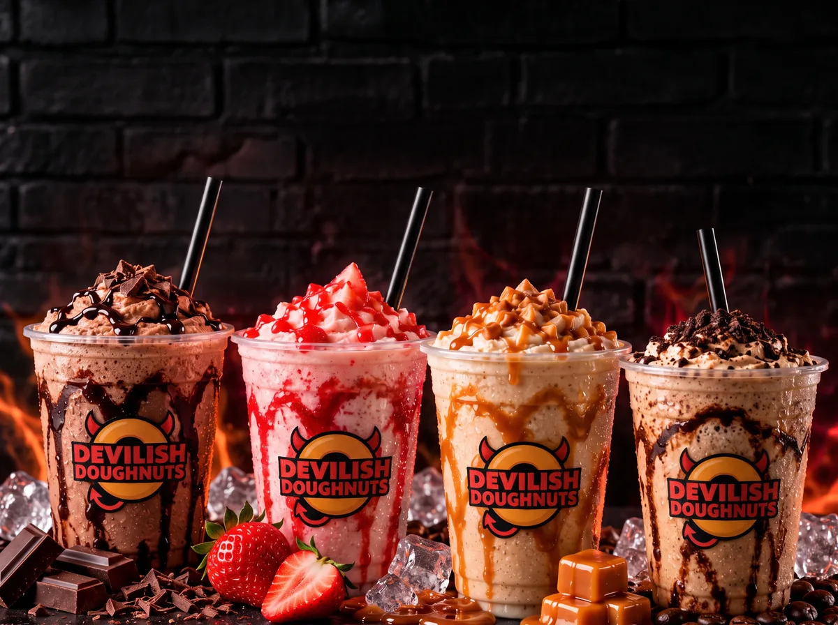 Chocolate, strawberry, caramel and real coffee frappés in Devilish Doughnuts cups