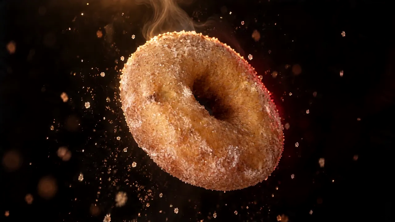 A hot cinnamon sugar doughnut from Devilish Doughnuts, sugar falling around it